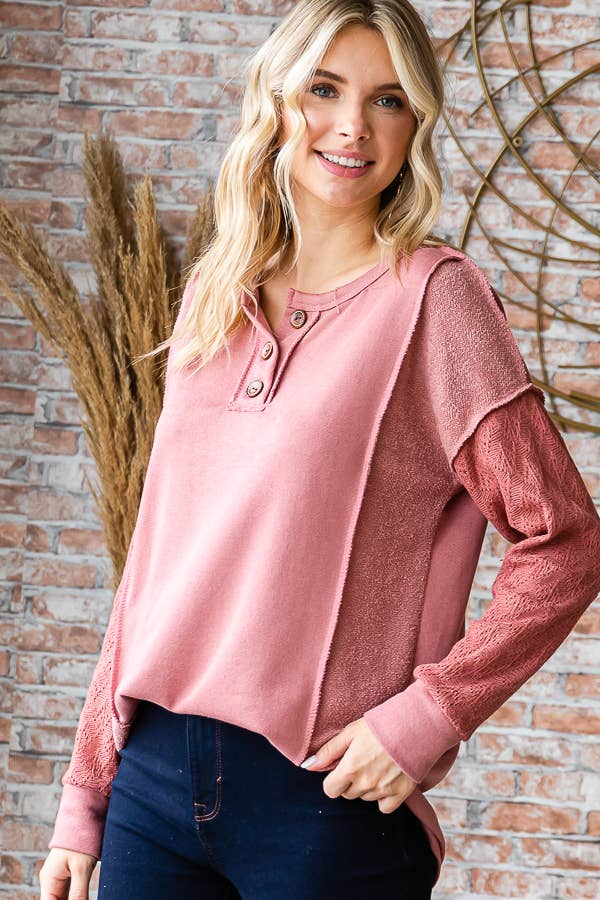 7th Ray - Vente Haut en maille – femme - Haut à manches longues en mélange de coton avec contraste en dentelle et boutons devant T525312