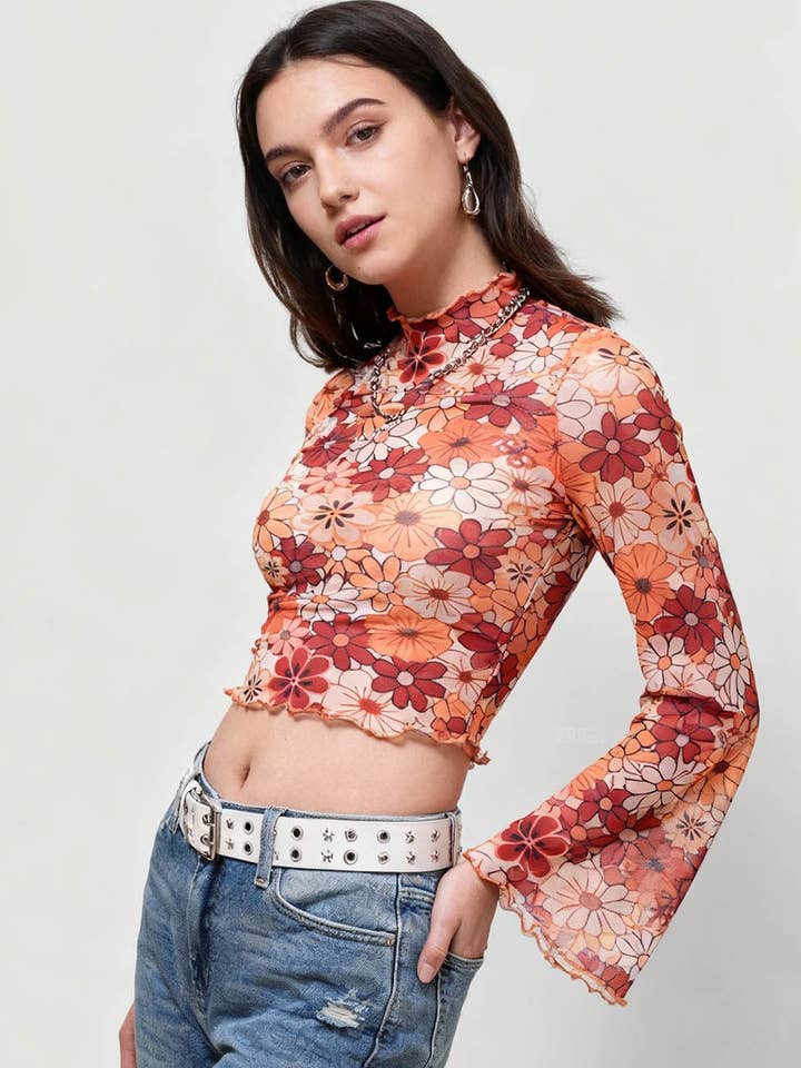 Sweetkama - Wholesale Knit Top - Women's - Ladies Print Flare Sleeves Mesh Crop Top SKT241712