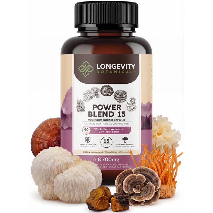 15 Mushroom Blend 90 Capsules: Immune & Vitality Supplement for wholesale by Longevity Botanicals