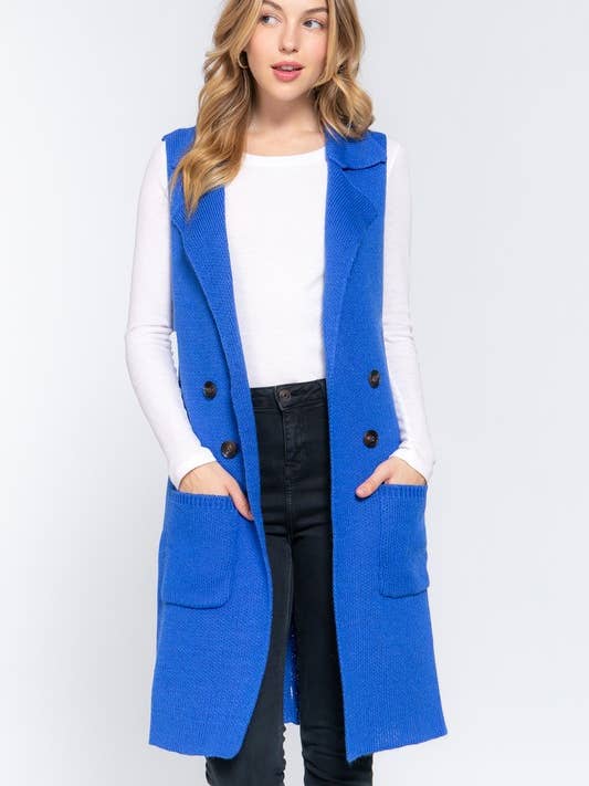 SLEEVELESS NOTCHED COLLAR LONG SWEATER VEST for wholesale by Lemon Tree