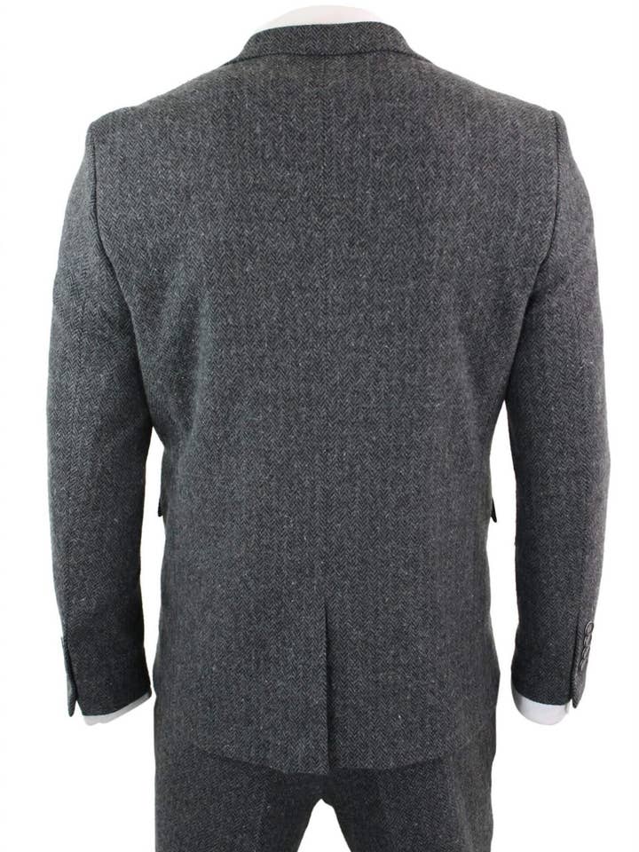 Men's 3 Piece Charcoal Grey Herringbone Tweed Suit for wholesale on Faire