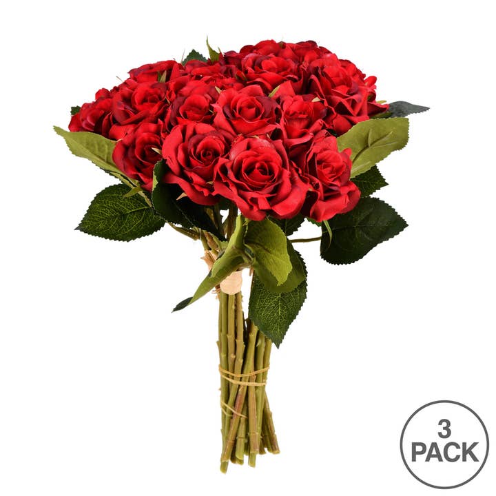 Vickerman 10" Artificial Red Rose Bouquet 3/pk for wholesale on Faire2