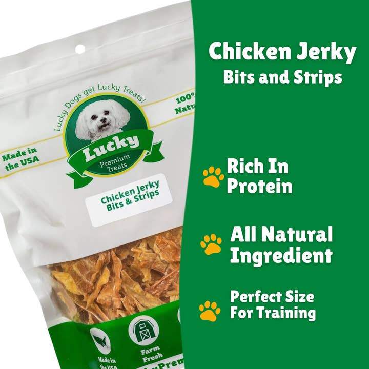 Lucky Premium Treats - Wholesale Pet Treats - Dog - Chicken Jerky Bits and Strips - Bulk per lb2