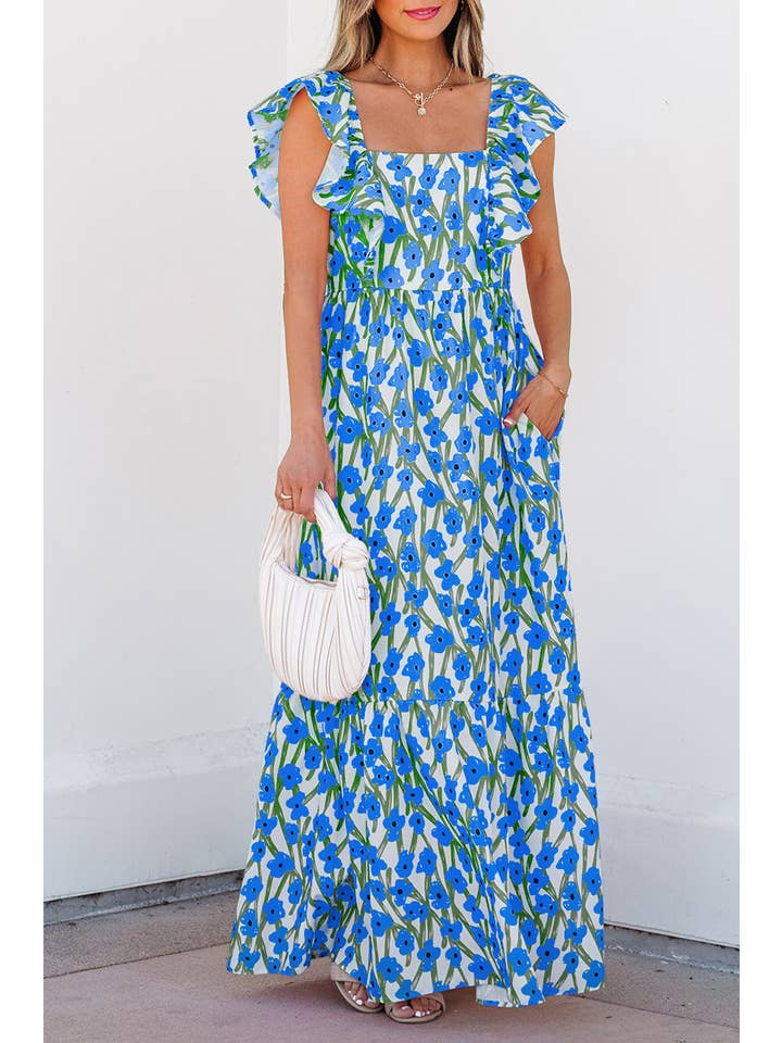 Little Daisy Closet - Wholesale Dress - Women's - LDC Floral Print Square Neck Ruffled Strap Maxi Dress