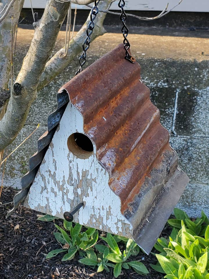 Rustic Reclaimed Barnwood & Metal Roof Wren Birdhouse for wholesale by Flying Heart Threads