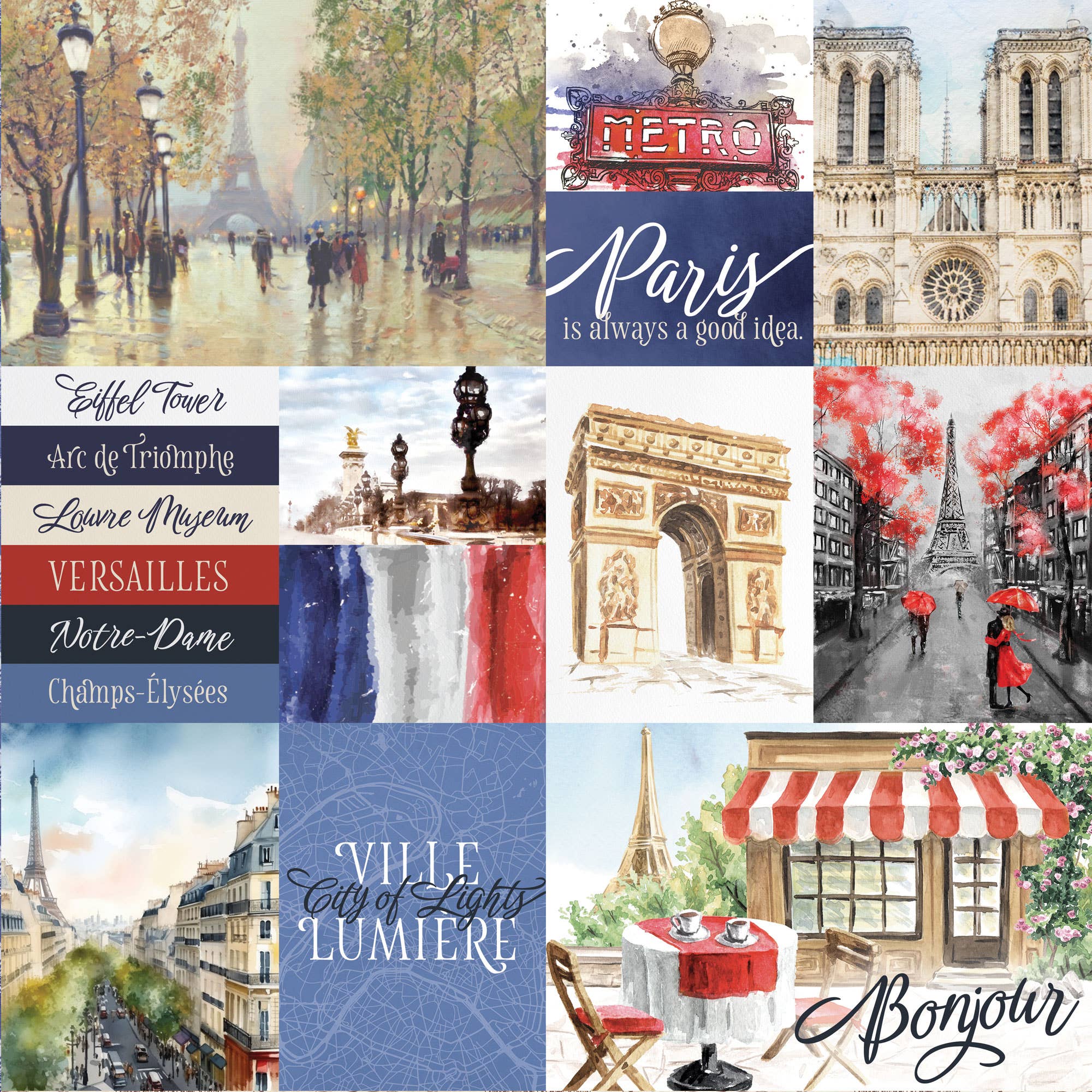 Paper House Productions - Wholesale Scrapbook - Paris Watercolor Tag 12 x 12 Scrapbook Paper1