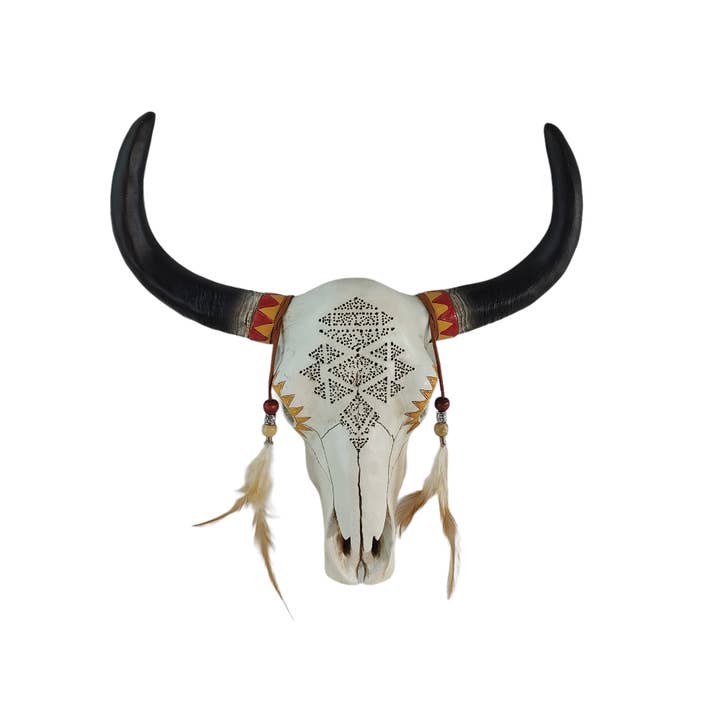 Tribal Tooled Bull Cow Skull With Feather & Beads Wall Décor for wholesale by De Leon Collections