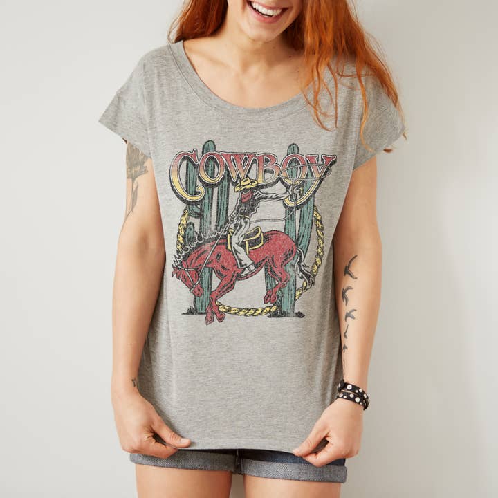 Cowboy Riding Horse Cactus & Rope Vintage T-Shirt for wholesale by Achitopia