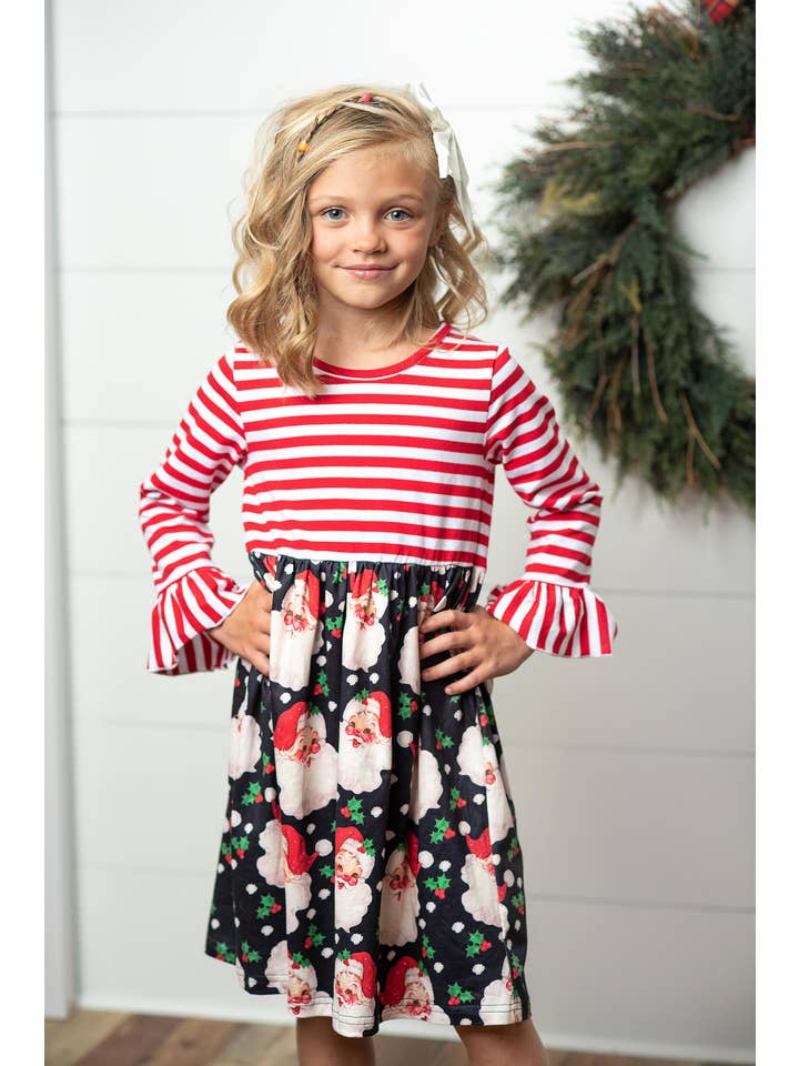 Adorable Sweetness - Wholesale Dress - Kids - Kids Santa Candy Cane Stripe Holiday Ruffle Twirl Dress