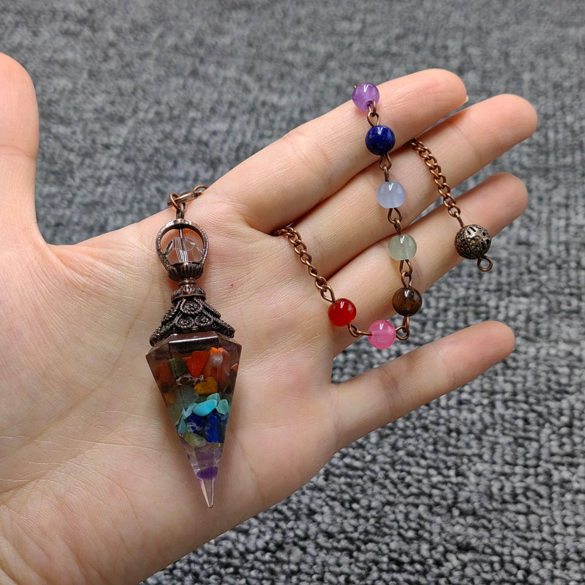 Mio Queena - Wholesale Spiritual Stone/Crystal - Hexagonal Cone Stone Pendulum with Chakra Chain - CS31