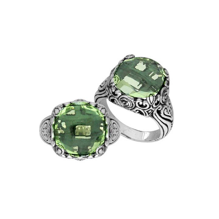 AR-6227-GAM Wholesale Sterling Silver Cushion-Cut Green Amethyst Quartz Ring with Ornate Filigree Band for wholesale by Bali Designs
