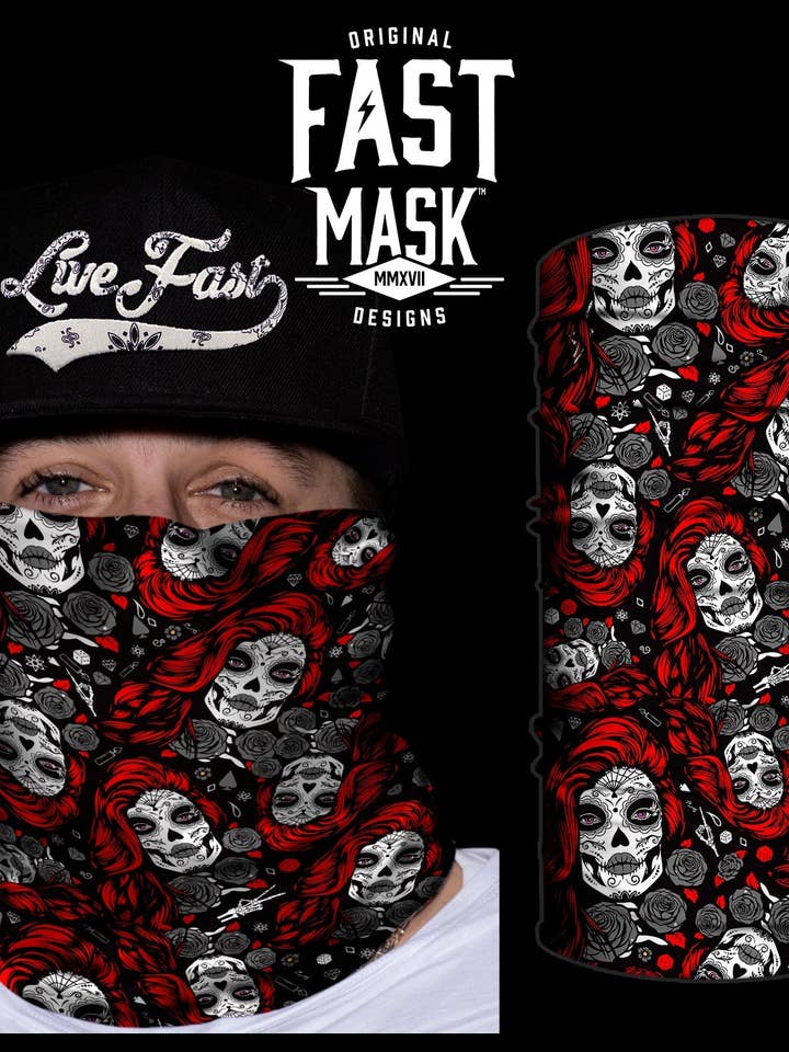 Cache-cou rouge Santa Muerte* Désormais avec bords cousus * pour la vente par Live Fast Gear