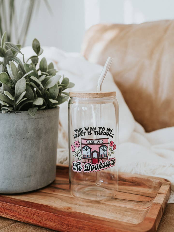 The Bookstore Glass Can w/ Straw for wholesale by The Bookish Bird Co.