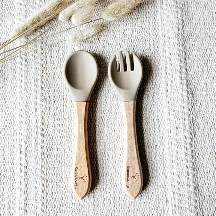 Silicone Spoon and Fork with Bamboo Handle - Sand for wholesale by Rammelaartje