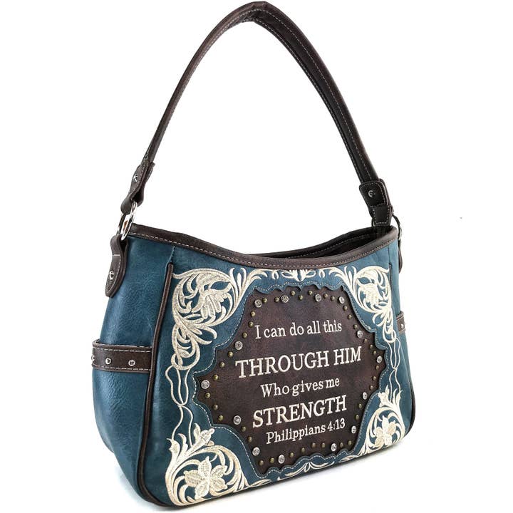 Lunar Deer - Vendita all'ingrosso Tracolla - Donna - Bible Verse Philippians 4:13 Borsa Hobo con ricamo3