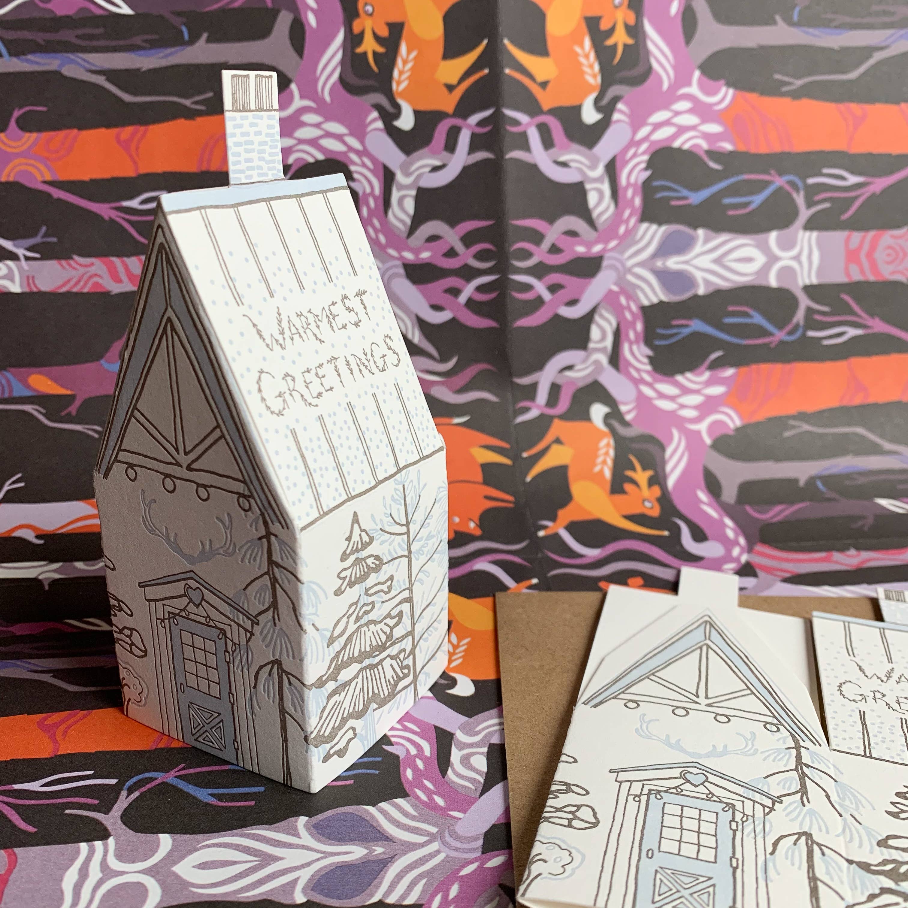 Blackbird Letterpress – wholesale Season’s Greetings card – 3D Warmest Greetings house holiday card4