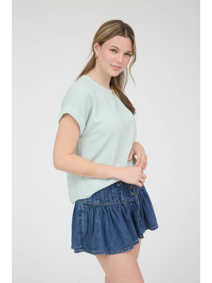 J.O.A - Wholesale Knit Top - Women's - CREW NECK SHORT CUFF SLEEVE RIBBED KNIT TOP2