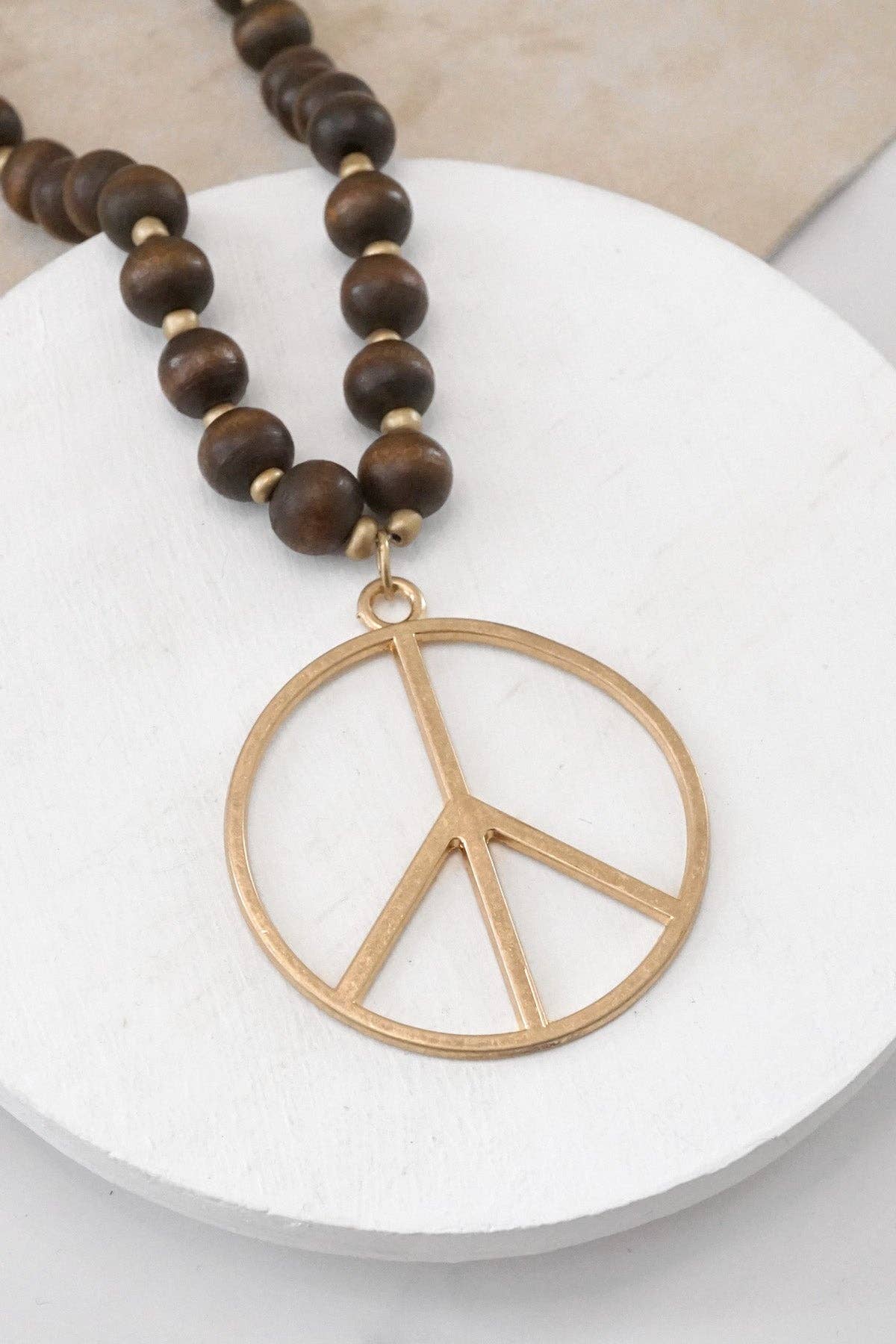 PennyLine inc - Wholesale Pendant/Charm Necklace - Long Wood Bead Necklace with golden peace sign pendant - Brown4