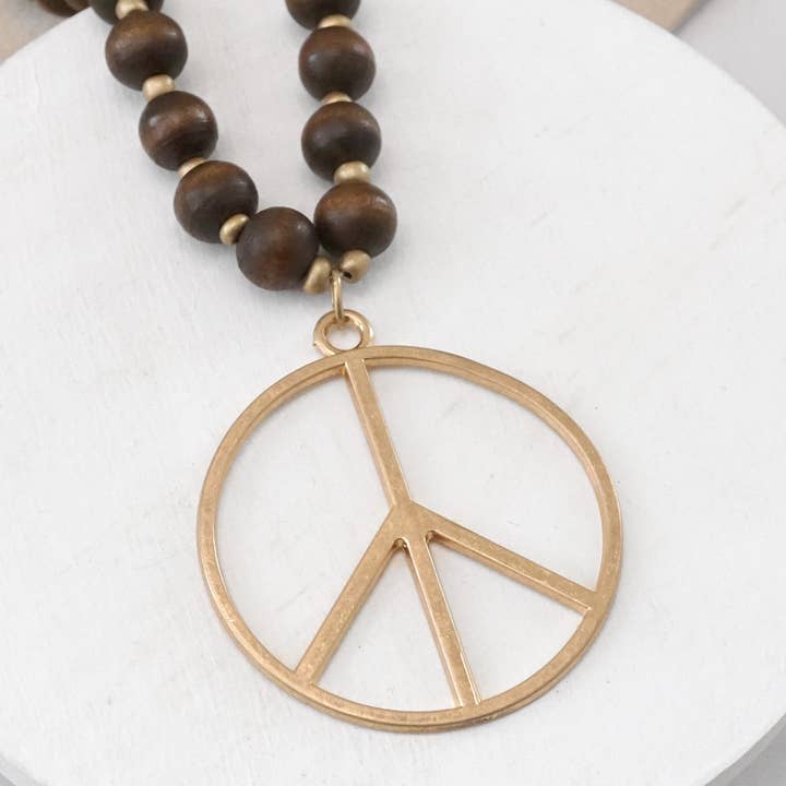 PennyLine inc - Wholesale Pendant/Charm Necklace - Long Wood Bead Necklace with golden peace sign pendant - Brown4