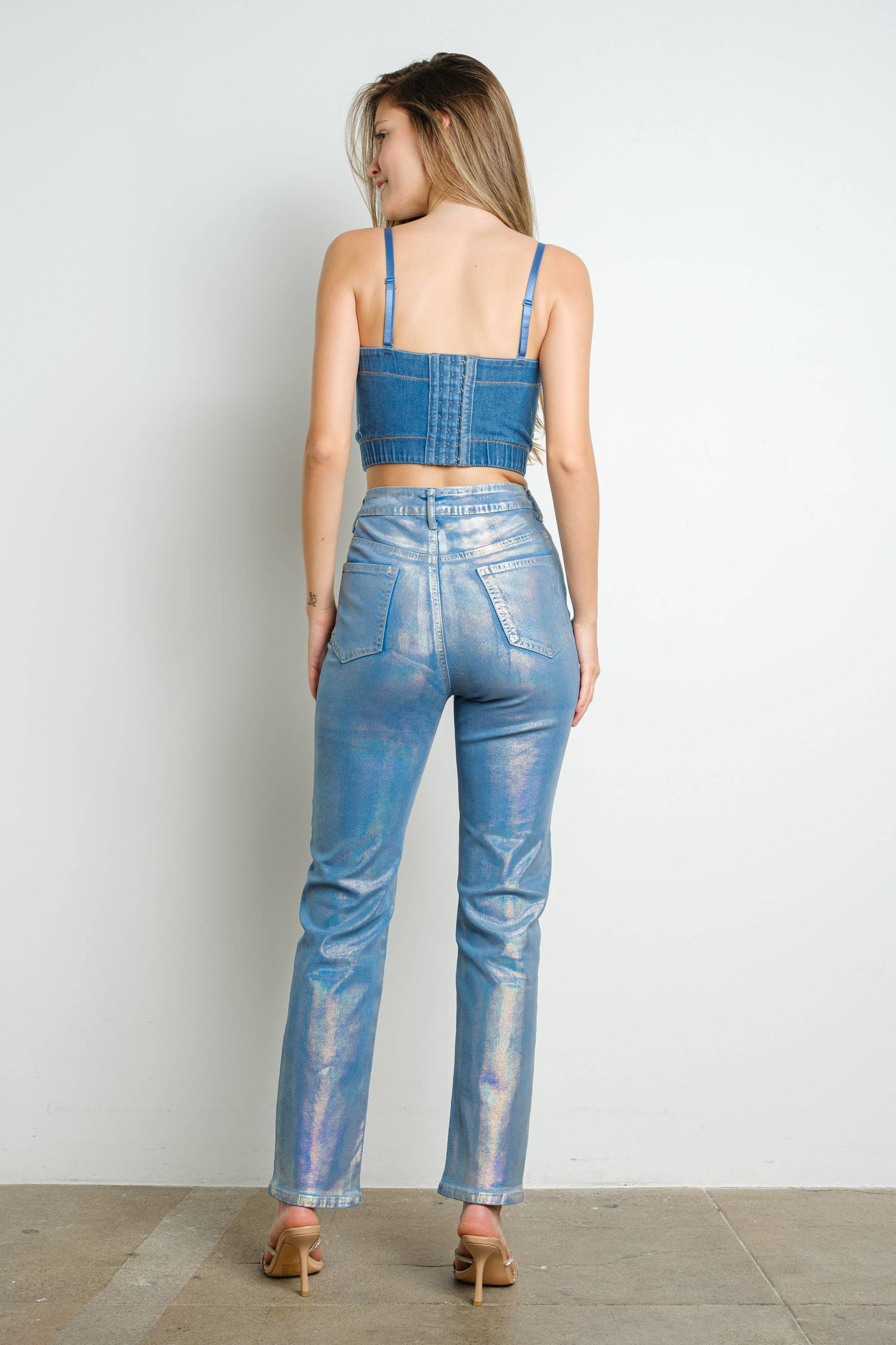 IC2653 Faux Pearl and Rhinestone Denim Corset Top for wholesale on Faire8