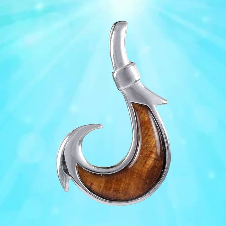 Hawaiian Large Genuine Koa Wood Fish Hook Pendant, Sterling Silver Koa Wood Fish Hook Pendant, Christmas Anniversary Birthday Gift for wholesale by Paradise Treasures Jewelry