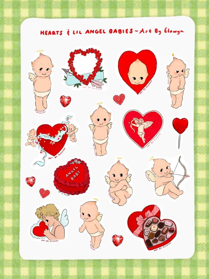 Feuille d'autocollants Cœurs et Anges Chérubins pour la vente par Art By Elowyn