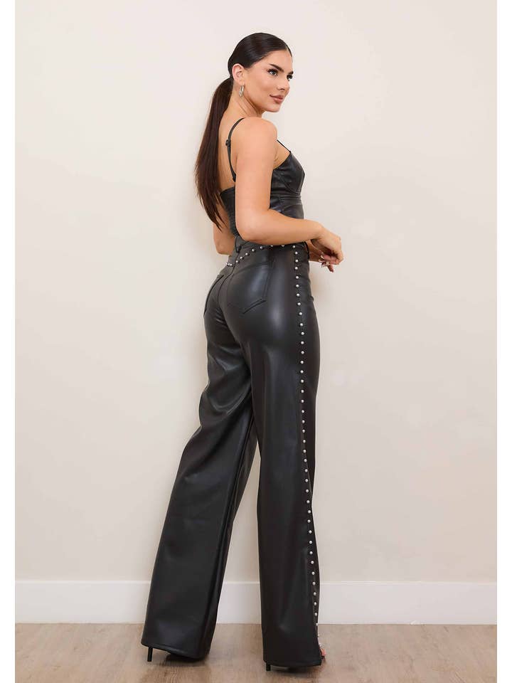 Black Vegan Leather Wide Leg Pants With Pearl for wholesale on Faire