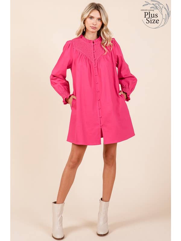 GeeGee x Lovelo - Wholesale Dress - Women's - Plus Smocked Shirt Mini Dress, MD50956PL.4