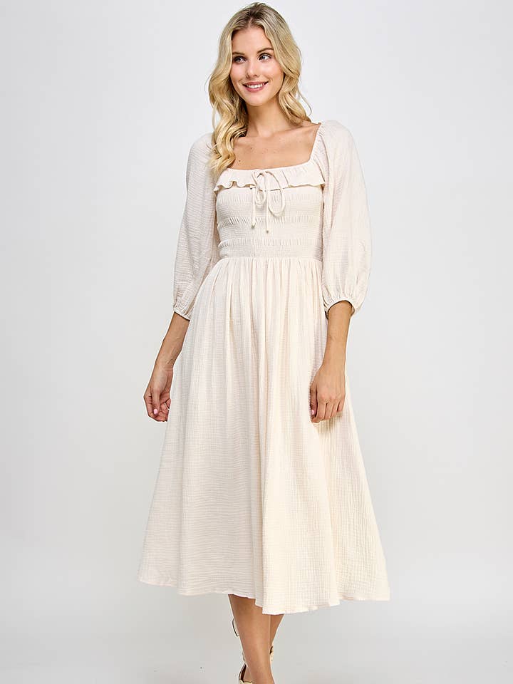 Million Colors - Wholesale Dress - Women's - Juliet Midi Dress 3/4 Sleeves Smocked Ruffles Elastic Cuffs