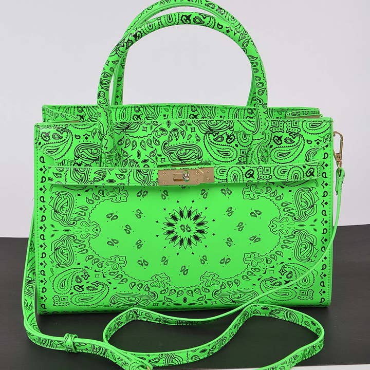 3AM BY H&D ACCESSORIES - Wholesale Tote Bag - Women's - Neon Bandana Print Handles Tote Bag