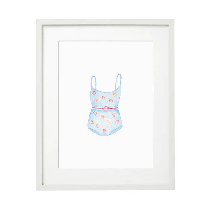 Vintage Swimsuit Watercolor Art Print-BluePink Floral-11x14 for wholesale by Rebecca Green Design