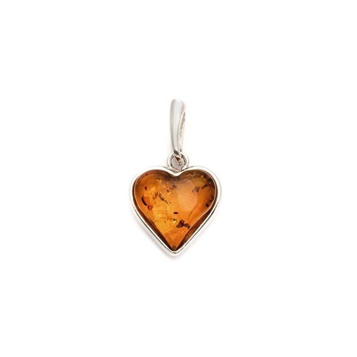 OPALOOK France - Wholesale Pendant/Charm Necklace - Natural cognac amber heart pendant, sterling silver 925, 1.4+1 cm