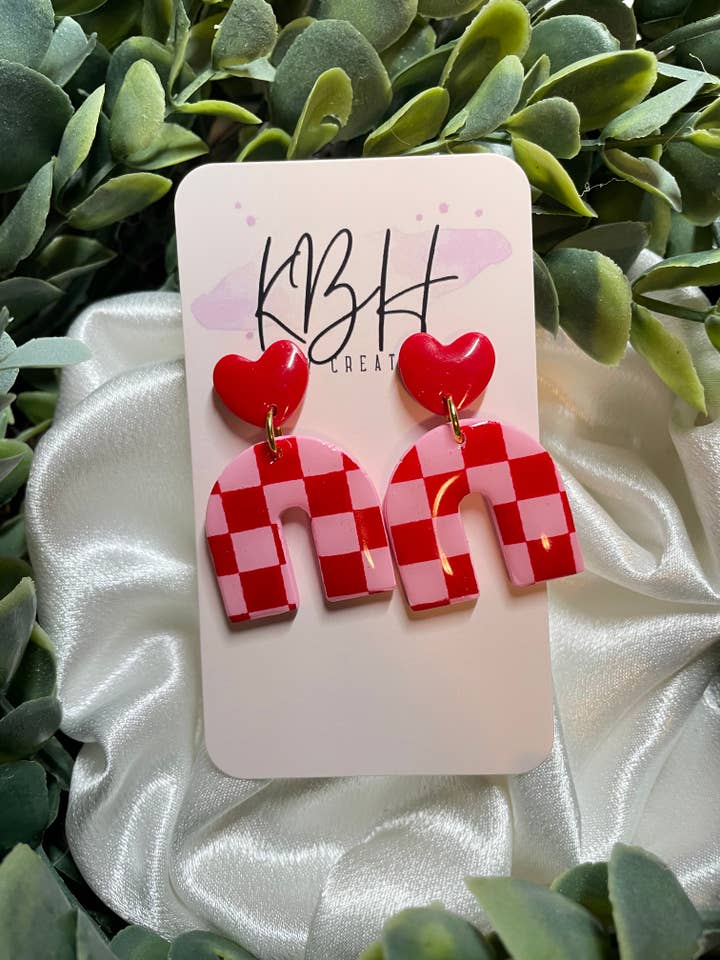 Red Plaid Arch Dangle Clay Earrings for wholesale by KBH CREATIONS