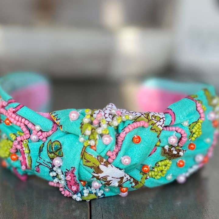 OBX Prep - Venta al por mayor Cinta para el pelo - Mujer - Diadema Lilly Aqua con estampado floral floral y cuentas en forma de semillas2