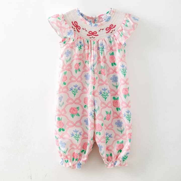 Trellis Bow Smocked Baby Romper for wholesale by Clover Cottage