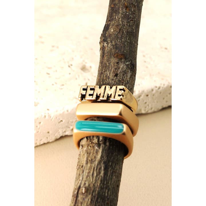 GOLD FEMME TURQ MATTE TRIO SET RINGS | 31R21050 for wholesale on Faire2