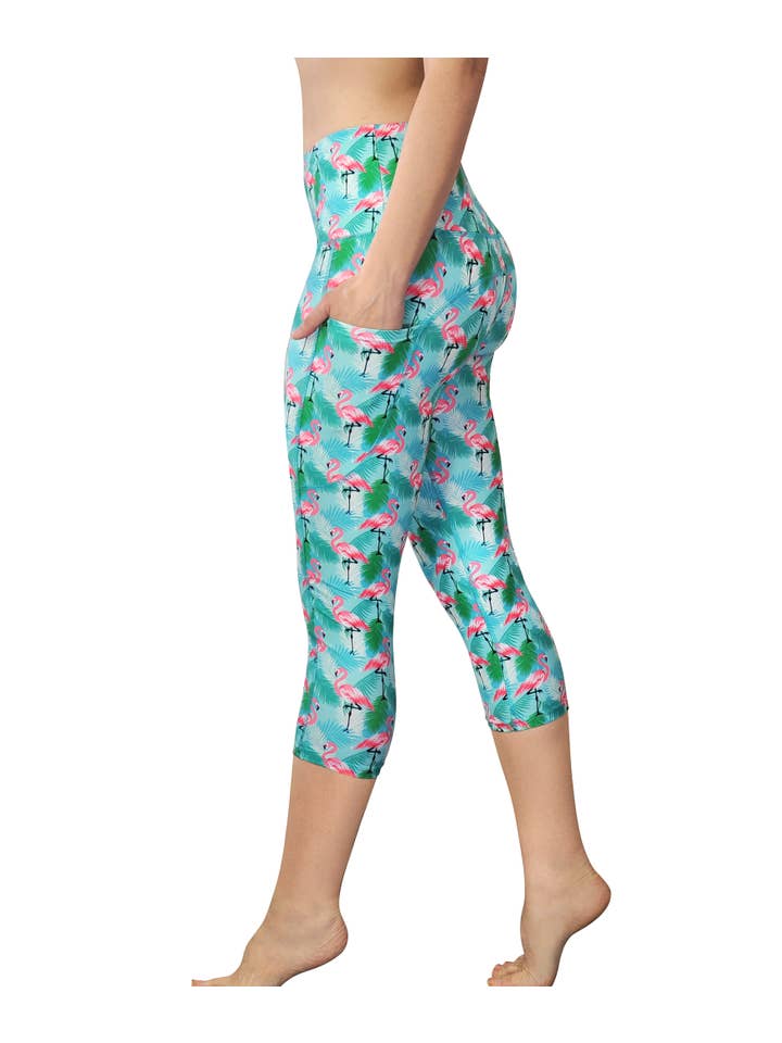 Comfy Yoga - Wholesale Athletic/Lounge Leggings - Women's - Oh Flamingo Capris - High Waist Capris with Side Pockets