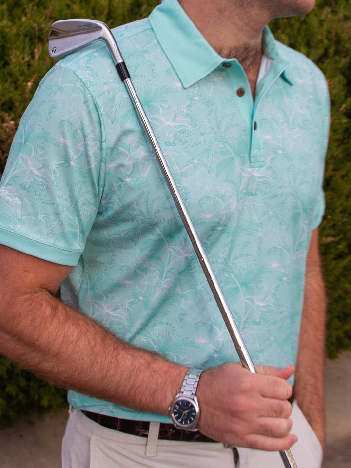 Mens Mint Floral Print Polo for wholesale by Kenny Flowers