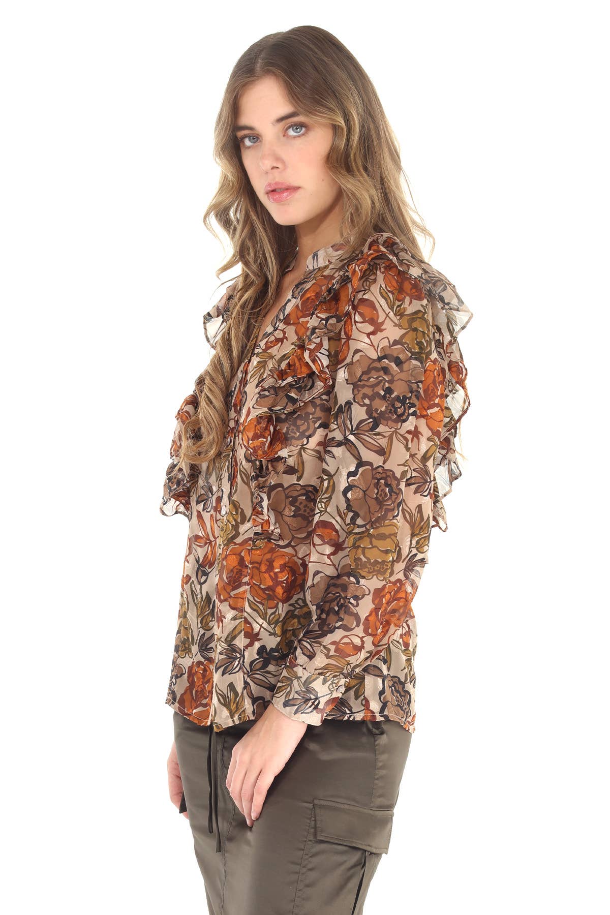 4543-MAT Floral Print Devore Ruffle Trim Blouse - Unlined for wholesale on Faire2