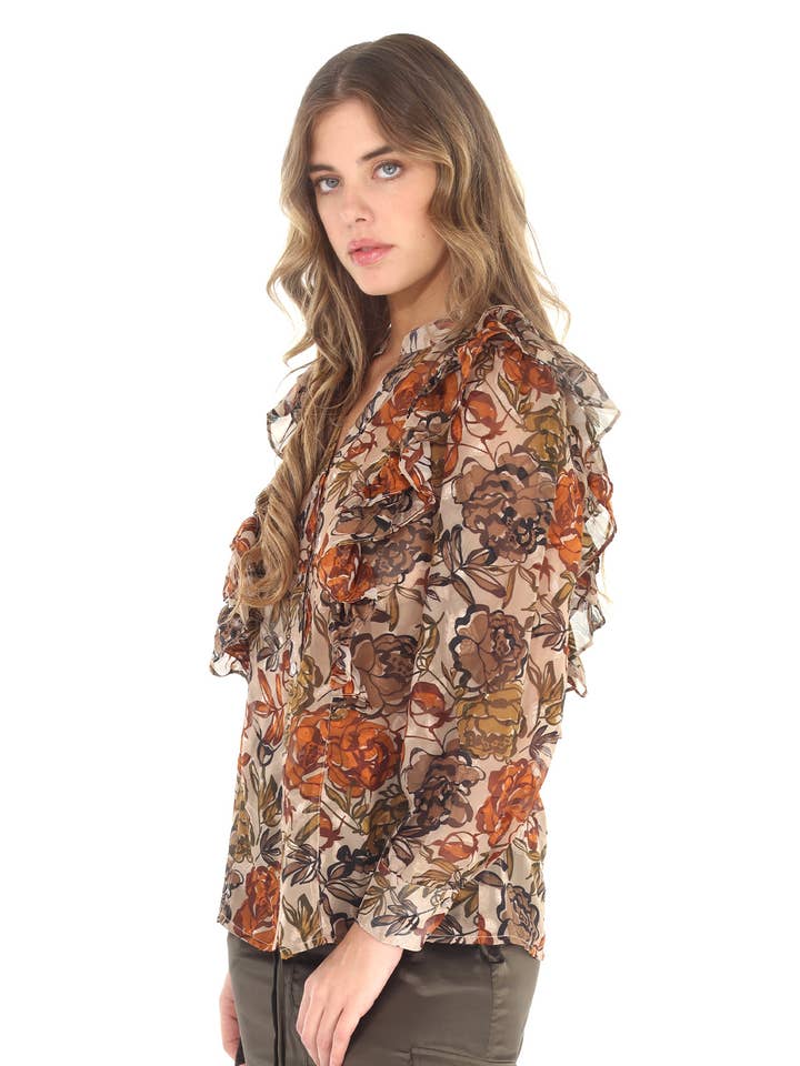 4543-MAT Floral Print Devore Ruffle Trim Blouse - Unlined for wholesale on Faire2
