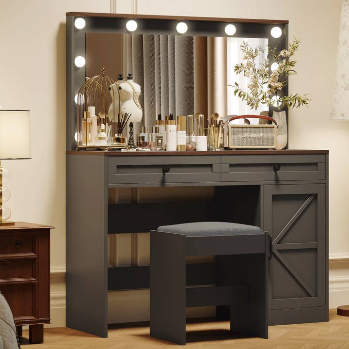 Black Makeup Vanity Table with LED Lights, 3 Drawers, Stool for wholesale on Faire