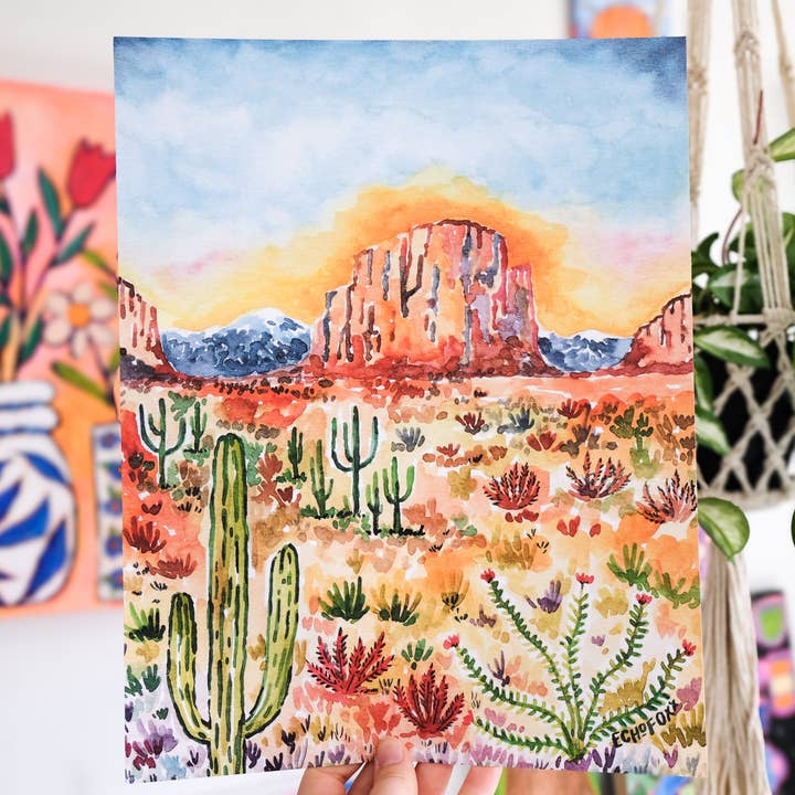 Impression d'art aquarelle coucher de soleil dans le désert pour la vente par Echo Foxx