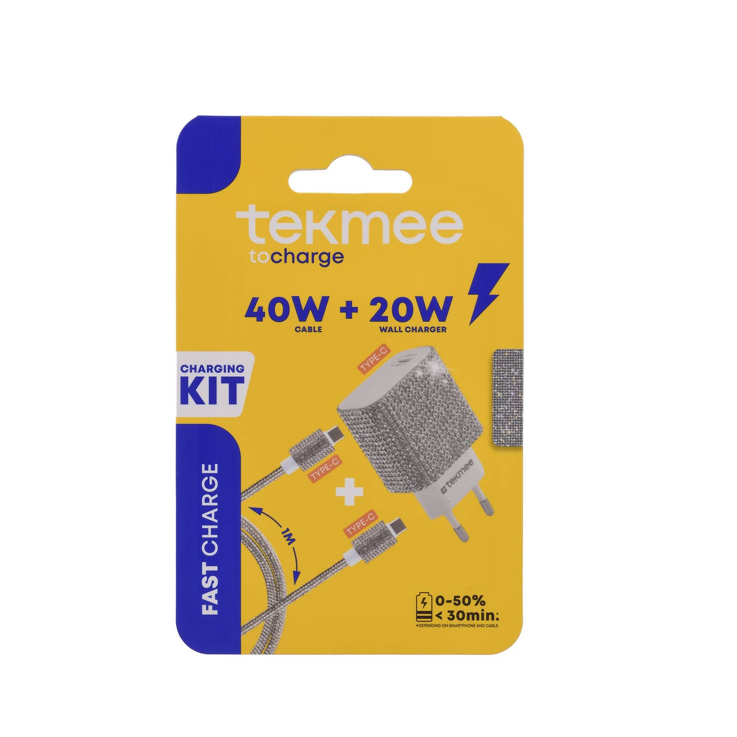 Tekmee – Carregador portátil por atacado – Kit de Carregamento Rápido Strass Prateado – 20W & 40W, Tipo-C0
