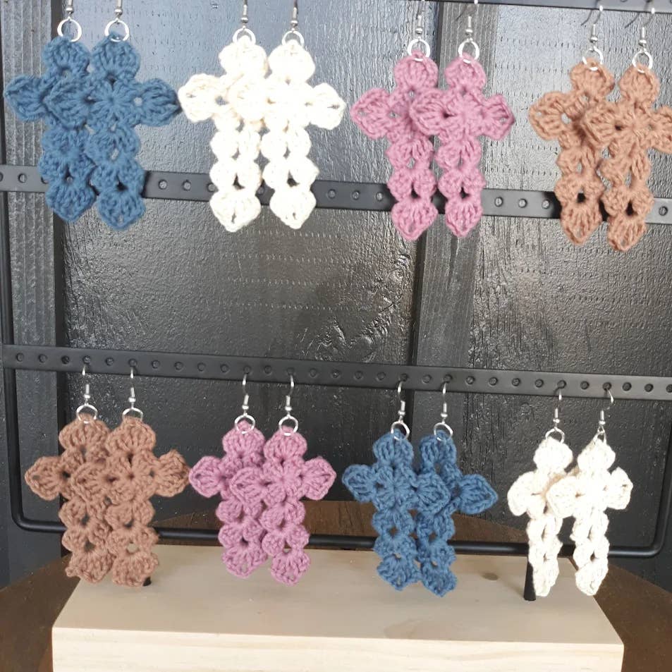 Clover Garden Crafts - Wholesale Dangle Earrings - Crochet Christian Cross Design Cotton Drop Earrings5