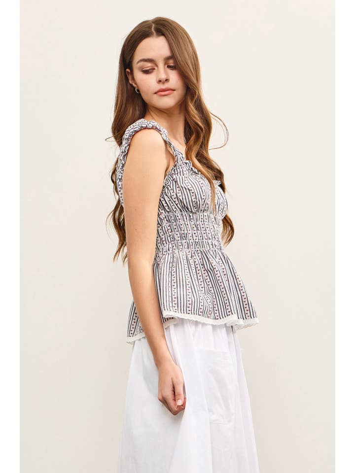 NIGHT BLUE ELASTIC RUFFLE SMOCKED WAIST SLEEVELESS PEPLUM TOP for wholesale on Faire