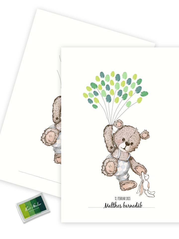 Fingerprint - Blue Teddybear and green fingerprint for wholesale by Mouse and Pen Illustration ApS