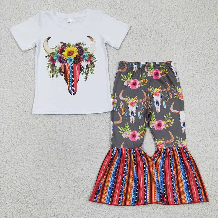 Baby Girls Cow Flower Western Bell Pants Clothing Sets for wholesale by Aier Wholesale