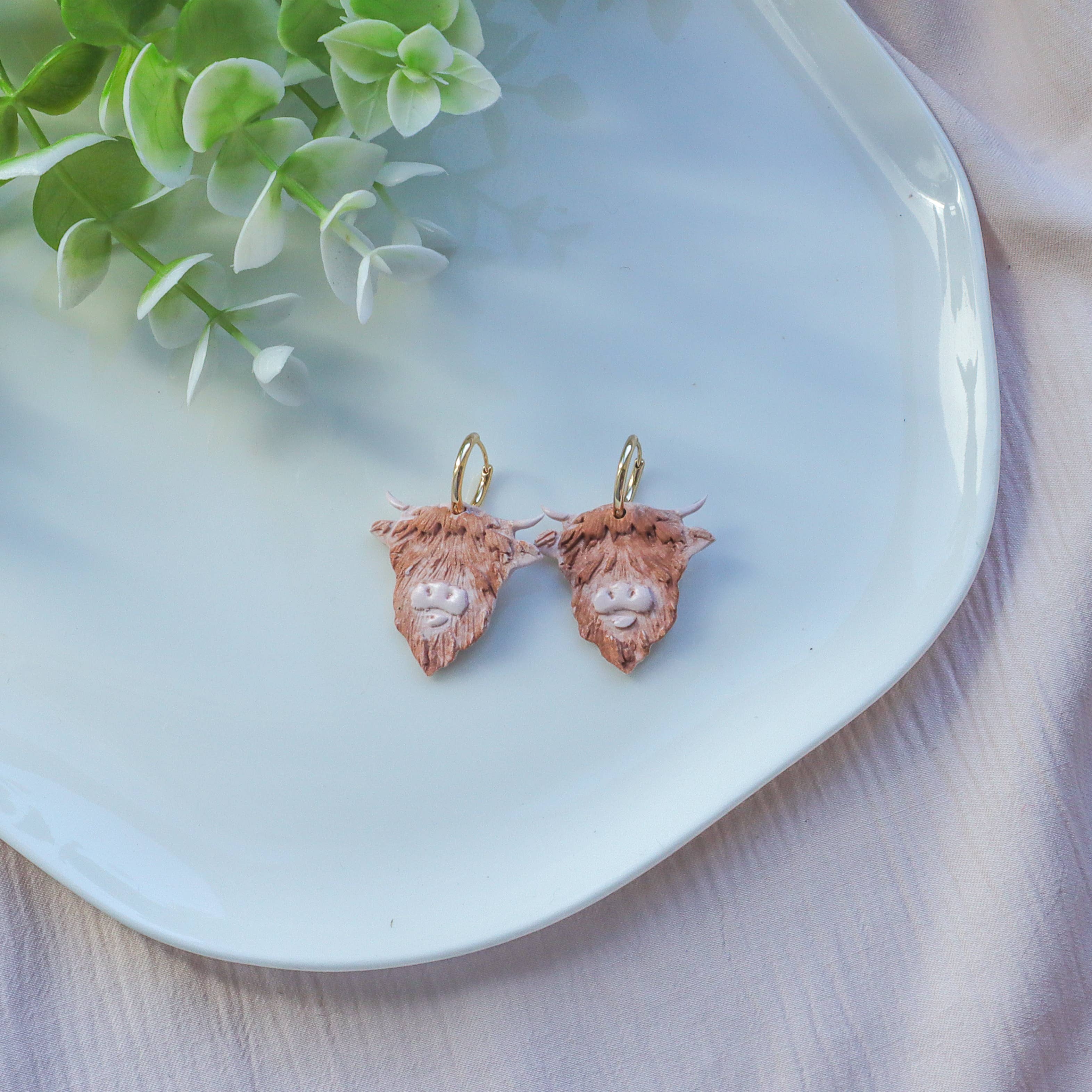K's Craft House - Wholesale Hoop Earrings - Highland Cow Clay Hoop Earrings – Gold-Plated Huggie1