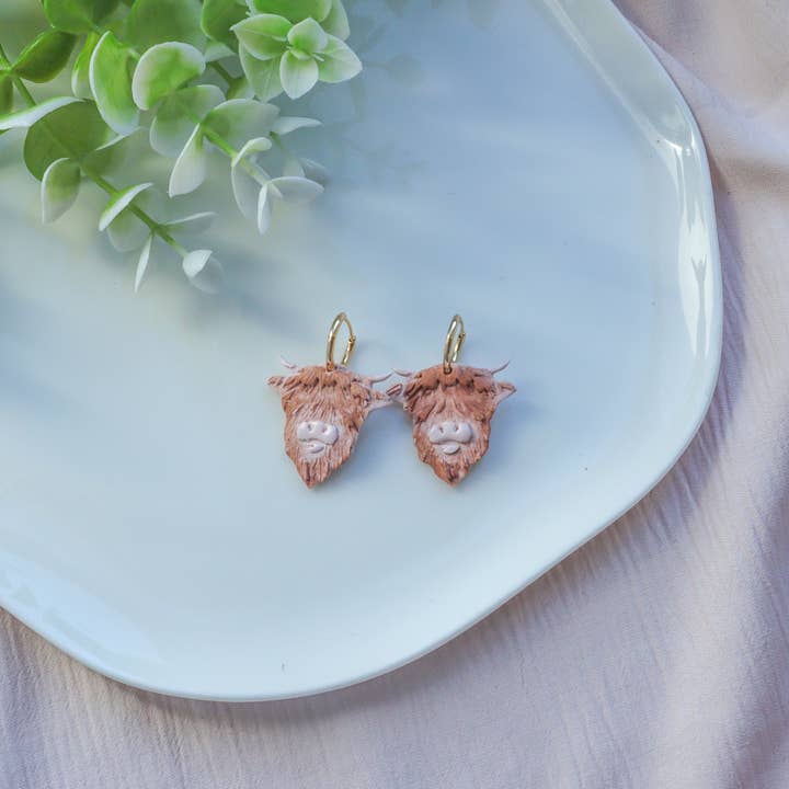 K's Craft House - Wholesale Hoop Earrings - Highland Cow Clay Hoop Earrings – Gold-Plated Huggie1
