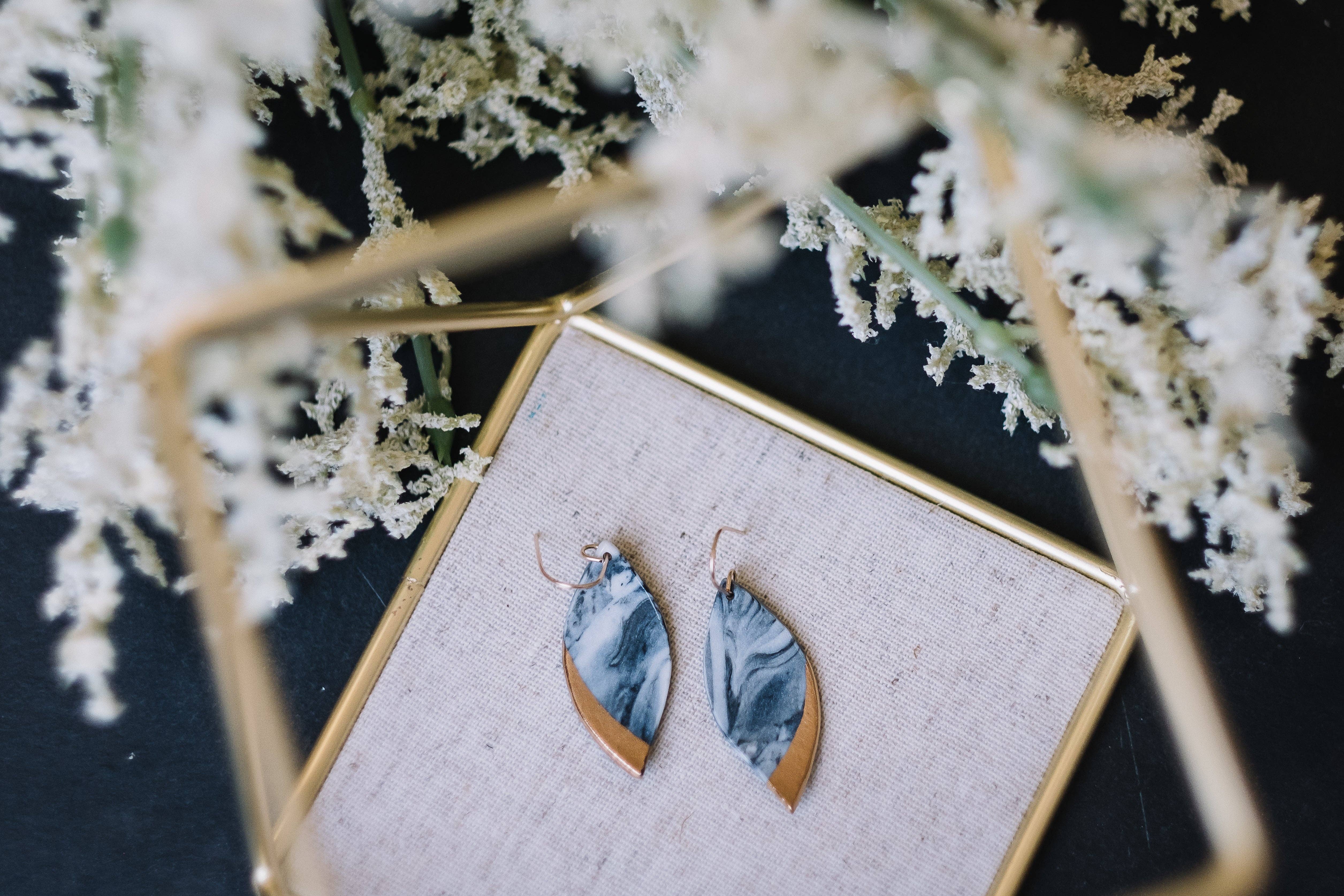 Remnant Studios - Wholesale Dangle Earrings - granite - black and blue marbled leaf earrings4